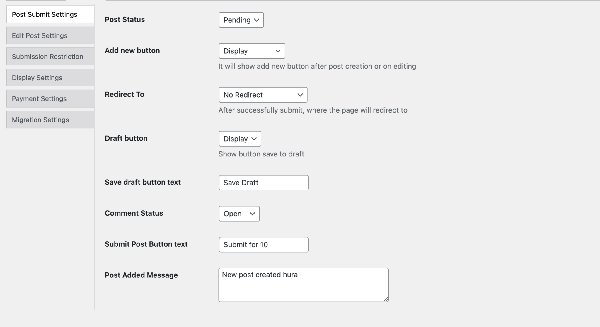 Post Submit Settings - WP Front User Submit