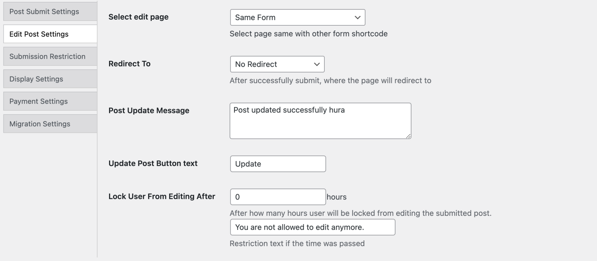 Edit Post Settings - WP Front User Submit